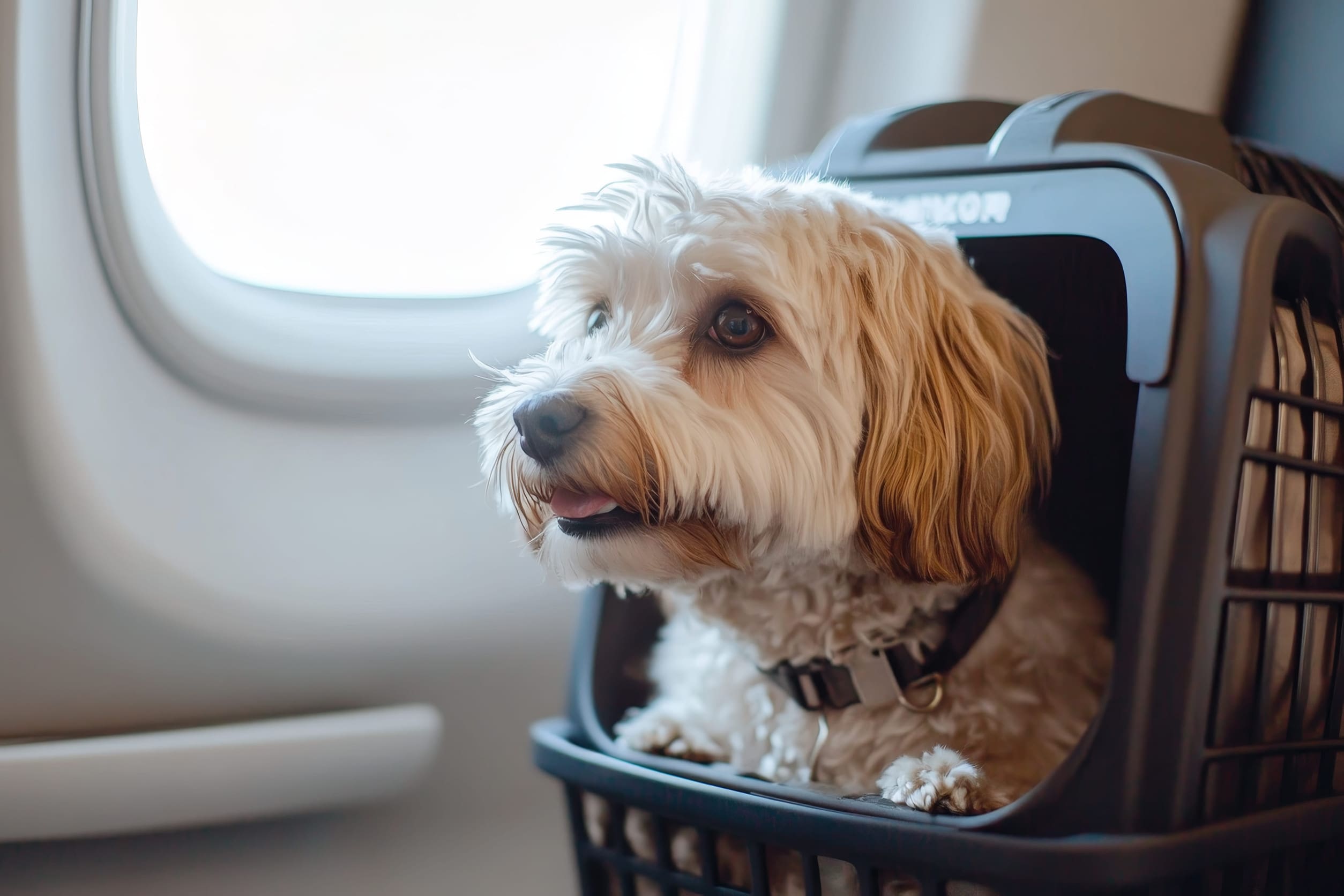 An emotional support dog in a carrier on a plane.